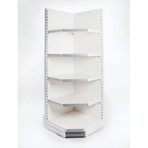 White internal corner shelving unit with silver shelves