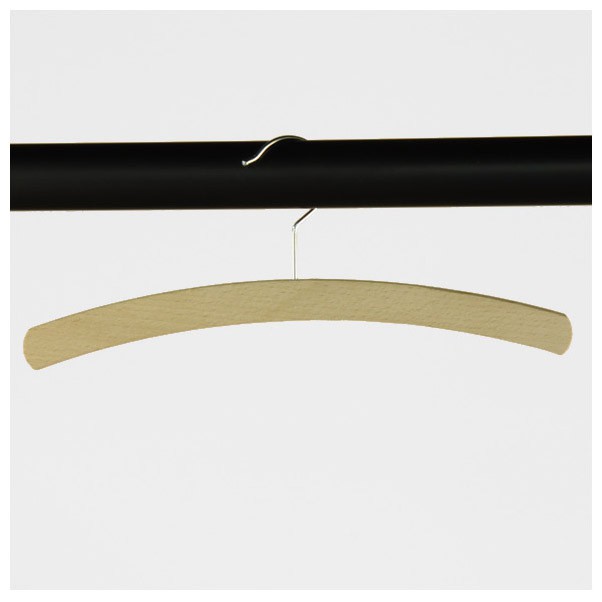 Light wood, crescent shaped hanger with silver hook