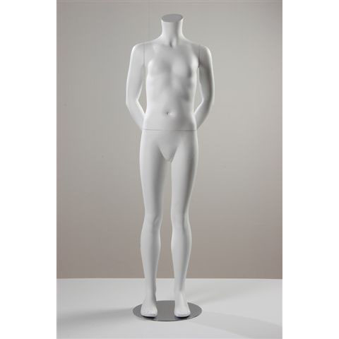 Headless girl mannequin in white with arms behind her back.