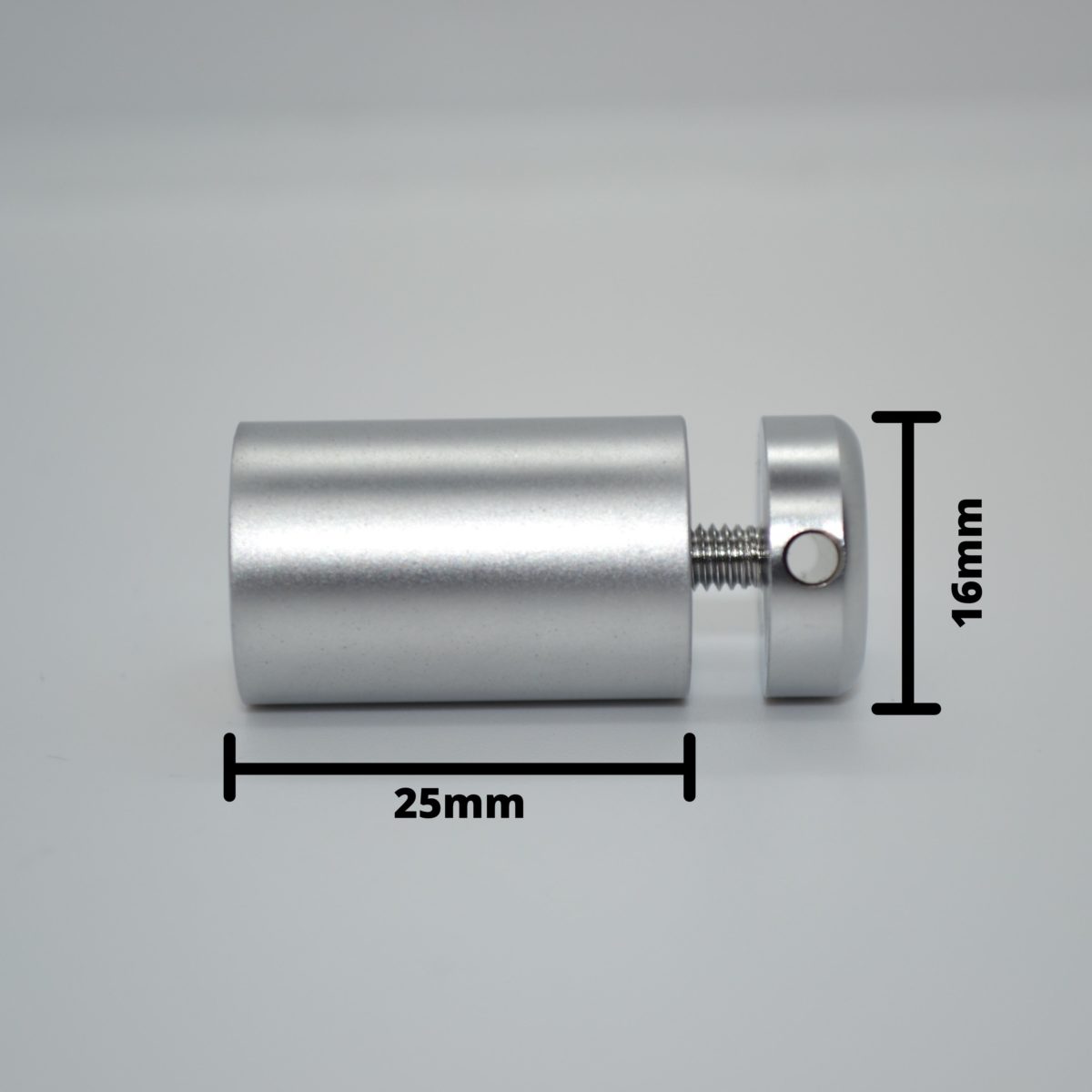 Silver tube with screw in end cap on a grey back with dimensions indicated the height and width