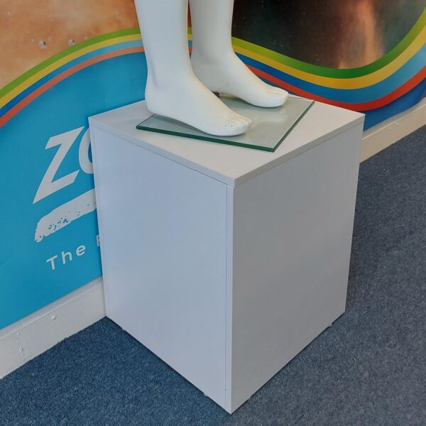 white display plinth with a mannequin standing on top