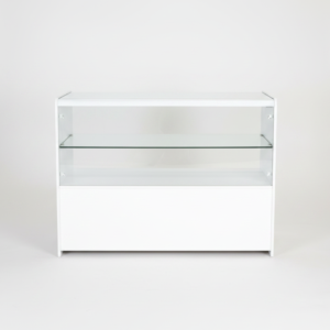 White Wooden Shop Counter with GlassWood Shelf (1)