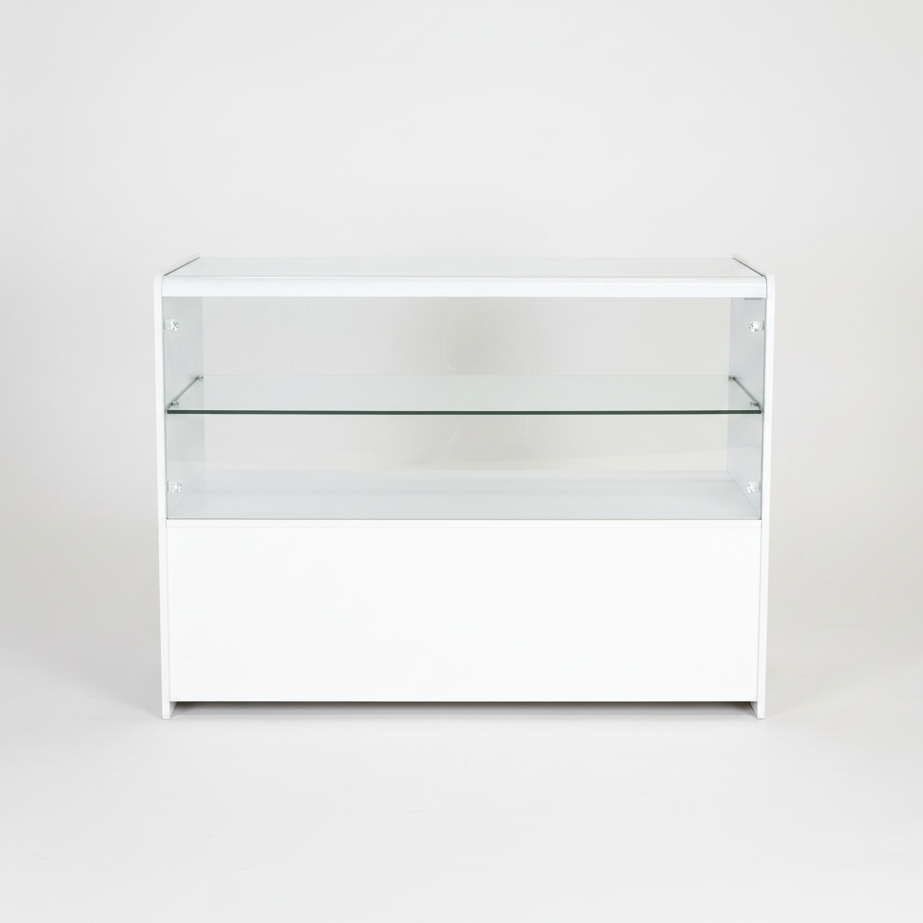 White Wooden Shop Counter with GlassWood Shelf (1) White Wooden Shop Counter with GlassWood Shelf (1)